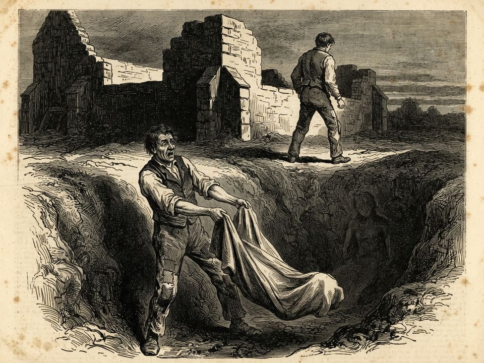 A labourer in a muddy trench at dusk holds up a bundle of grey linen that seems to sag as if filled with a sleeper. His companion stands back on the edge of the cutting, his face turned away. Behind them the unfinished walls rise in black, and the hollow in the earth is faintly shaped like a kneeling figure.