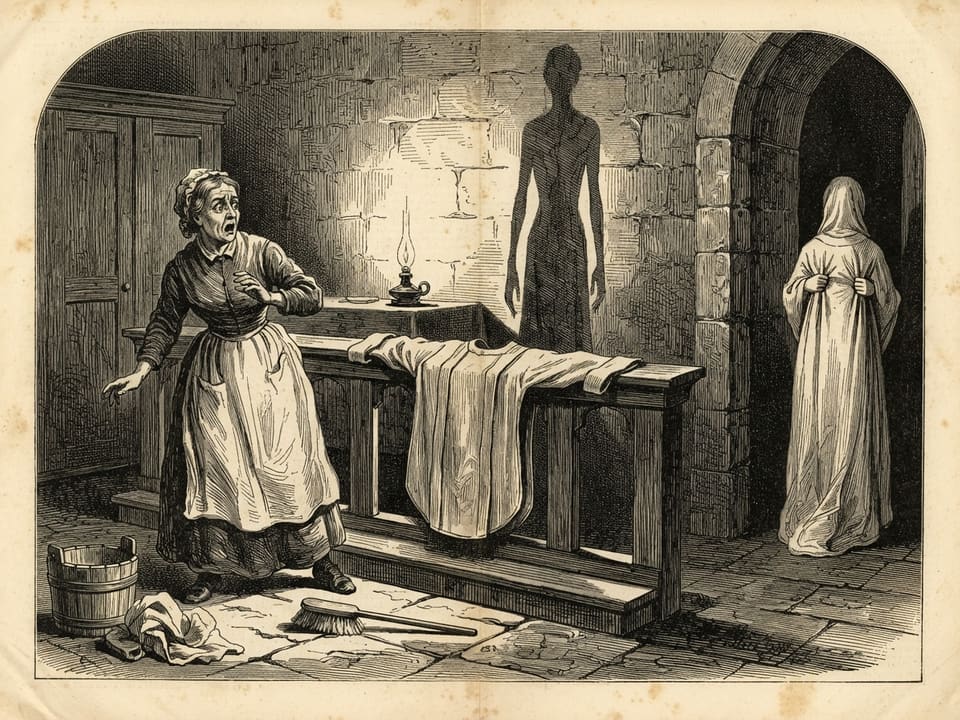 A charwoman in a vestry with a bucket at her feet stares at a folded linen garment laid open on the altar rail, its sleeves spread as if arms were within. The lamplight throws a tall shadow upon the wall that does not match any person in the room.