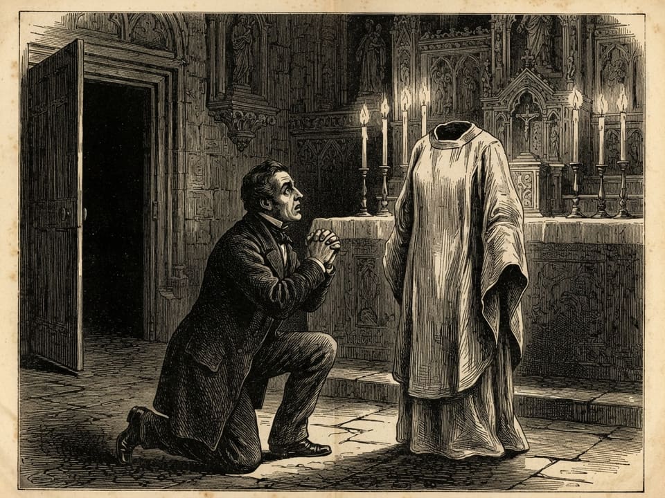 A man kneels in the sanctuary before the altar with seven candles burning, and the linen garment stands upright before him as though worn by a woman with no head or face visible. His hands are folded as if in prayer and his eyes are wide open. Behind him a door hangs ajar upon darkness.