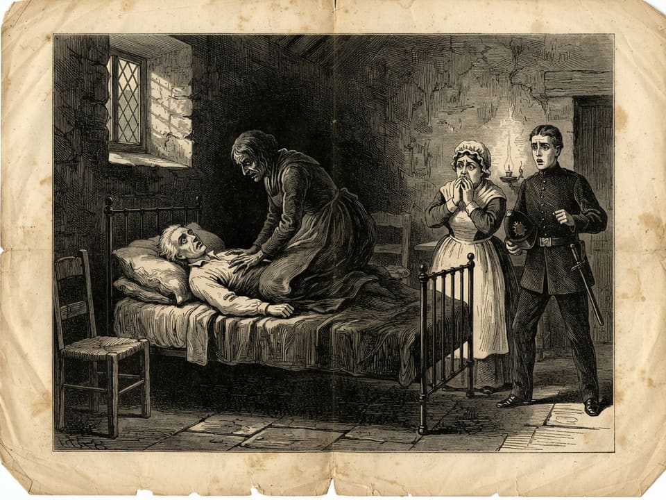 A bare gatehouse bedchamber at dawn, a stout housekeeper in a mob cap and a young constable standing at the foot of an iron bed. On it lies a man on his back, eyes wide open, his hair a stark white against the pillow, while the shadow in the ceiling corner seems faintly too thick.