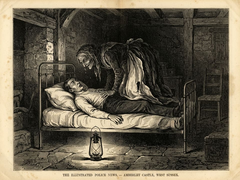 A constable lies rigid in the narrow bed, a guttering lantern on the floor beside him. Above him, bent low from the dark, is a stooped, aproned figure whose face is a withered double of his own, wet and attentive, almost touching his nose.