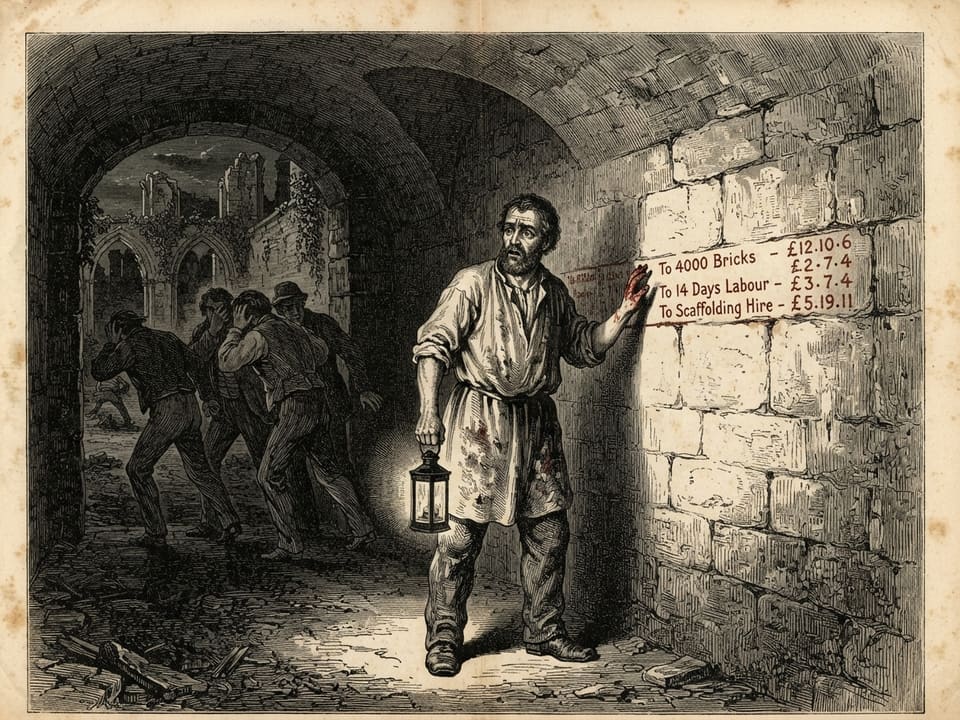 A whitewashed vault under broken friary walls, lit by a single lantern held by a mason in a smock. Along the pale wall, at shoulder height, runs a row of red marks. Three labourers stand behind him in the doorway with their faces turned away from it.