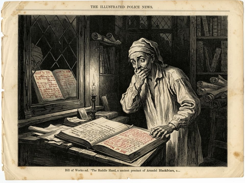 A tall, narrow room in a country attorney's house at night, with one candle on a desk. A bill of works lies open there, its margin filled with wet red script, and a lawyer in nightshirt stares down with his hand pressed to his mouth. In the dark glass of the window behind him, the reflection of the page shows writing that his own page does not.