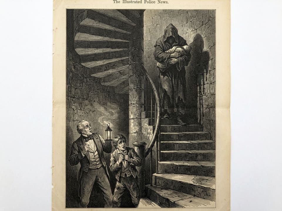 A narrow stone turret stair by lantern-light, with a steward and a servant clutching their coats at its foot. At the stair's head a hooded figure in a heavy smock stands with its arms folded about a rag-bound shape, and a damp trail of shadow runs down the wall behind it. Its face is hidden in the sagging hood.