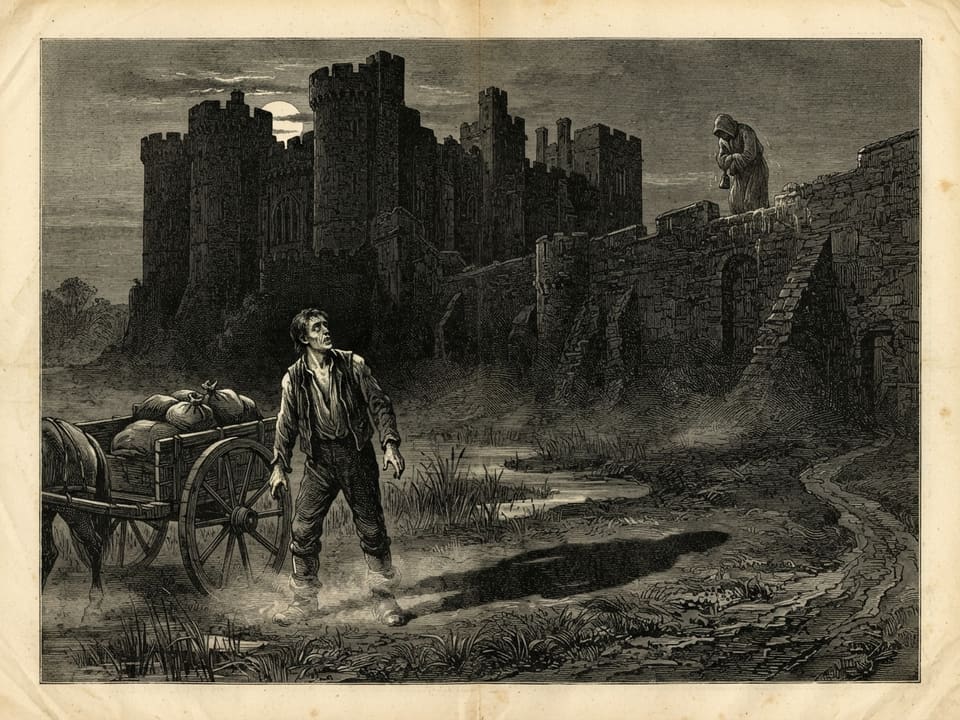 A water-meadow at dusk under a low moon, with a carter standing rigid beside his cart and gazing up at the black bulk of the castle. Above him on the wall-walk a faint hooded shape swings its arm, and the carter's long shadow stretches unnaturally towards the Mill Road. Mist clings to his boots.