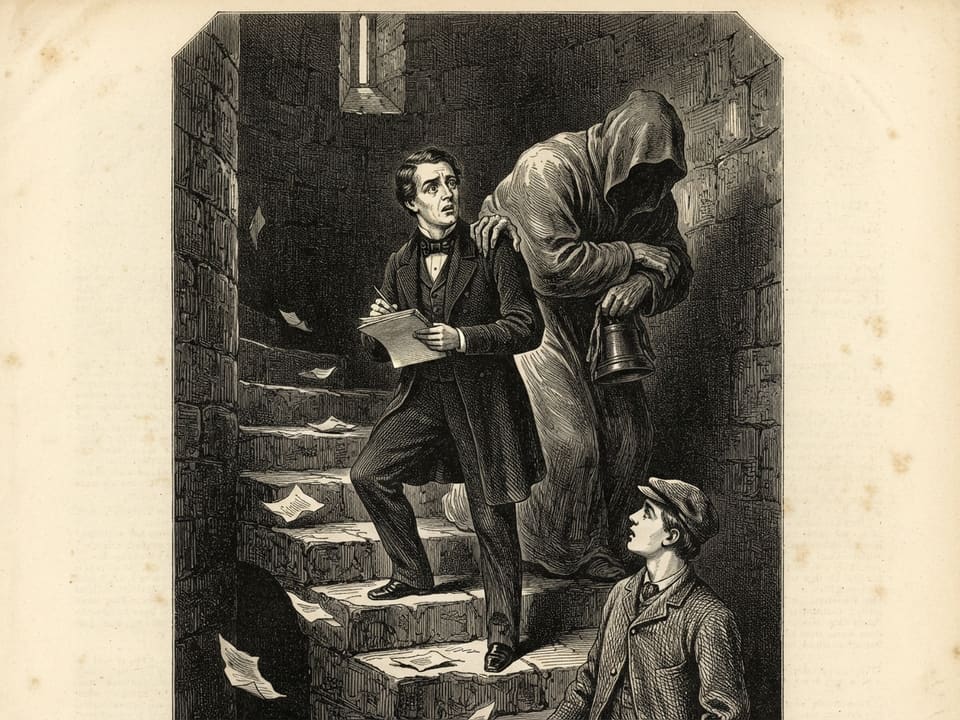 A gentleman in a frock coat ascends a turret stair with a notebook in his hand, while a younger man at the foot stares upward, plainly hearing nothing. Behind the gentleman, a huge, hooded shape bends close over his shoulder with one grey hand resting on the page. Torn paper drifts down the steps.