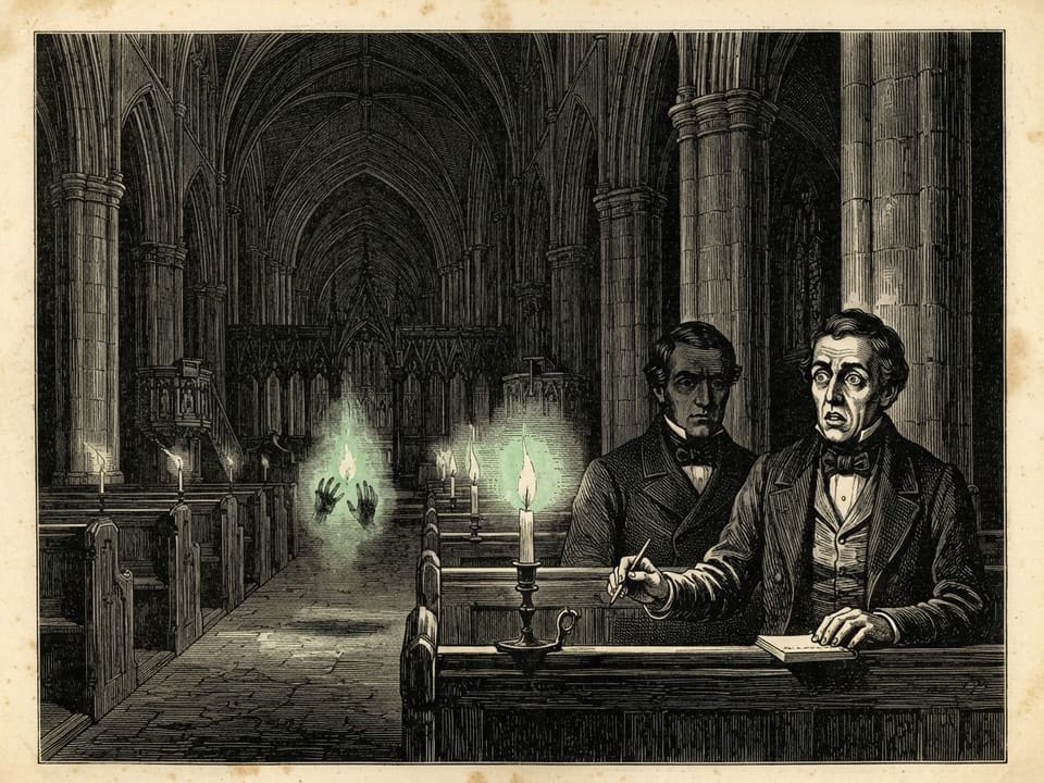A vast dark nave under Gothic vaulting, with a single green-white flame drifting low between the pews, bending the candle flames toward it. Two men in frock coats sit rigid in the foreground, one with his pencil lifted and his face turned slowly toward the light.
