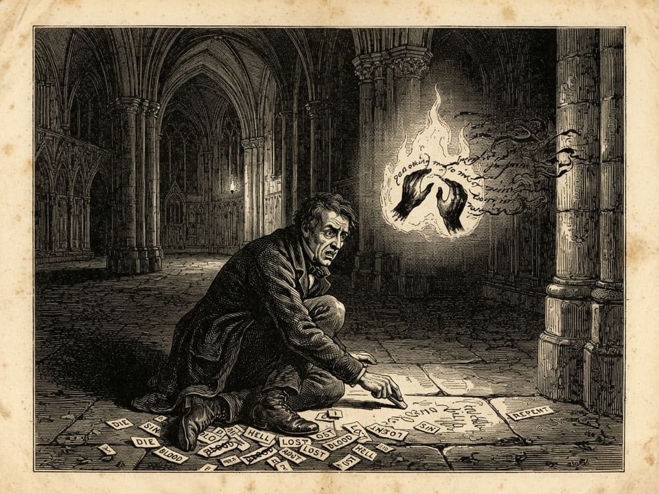 Within the glow of the flame hang two cupped hands, stained black to the wrist, in the act of writing upon the air. Below, a man sits hunched on a stone floor, his own hand moving across the flagstones while rows of cut letters crowd about his boots.