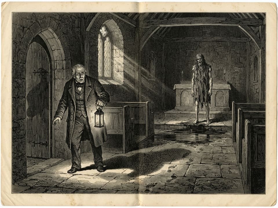 A frosted chapel interior by thin morning light. A dark glistening pool lies before the altar and a line of bare wet footprints crosses the stone flags towards it. A bareheaded elderly churchwarden stands in the doorway with a lantern, staring at the prints, his shadow thrown long behind him.