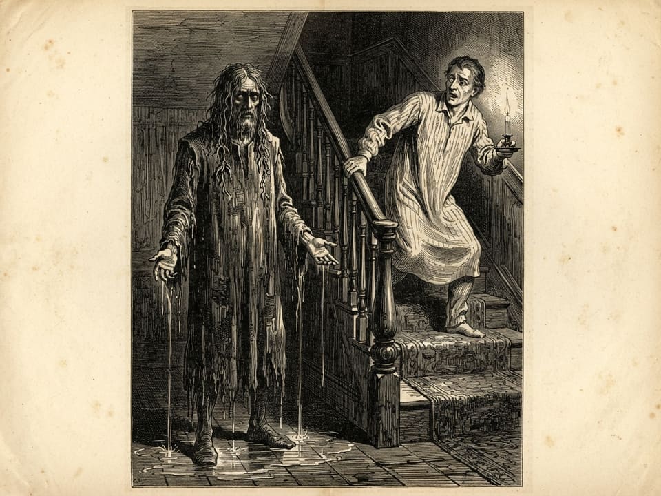 A narrow stair in a Georgian house by candlelight. At its foot stands a tall figure in a sodden tabard, hung with weed, hands held open and palms upward, water streaming silently from the sleeves to a pool on dry boards. Above, a man in a nightshirt clutches the banister, his face turned half away.