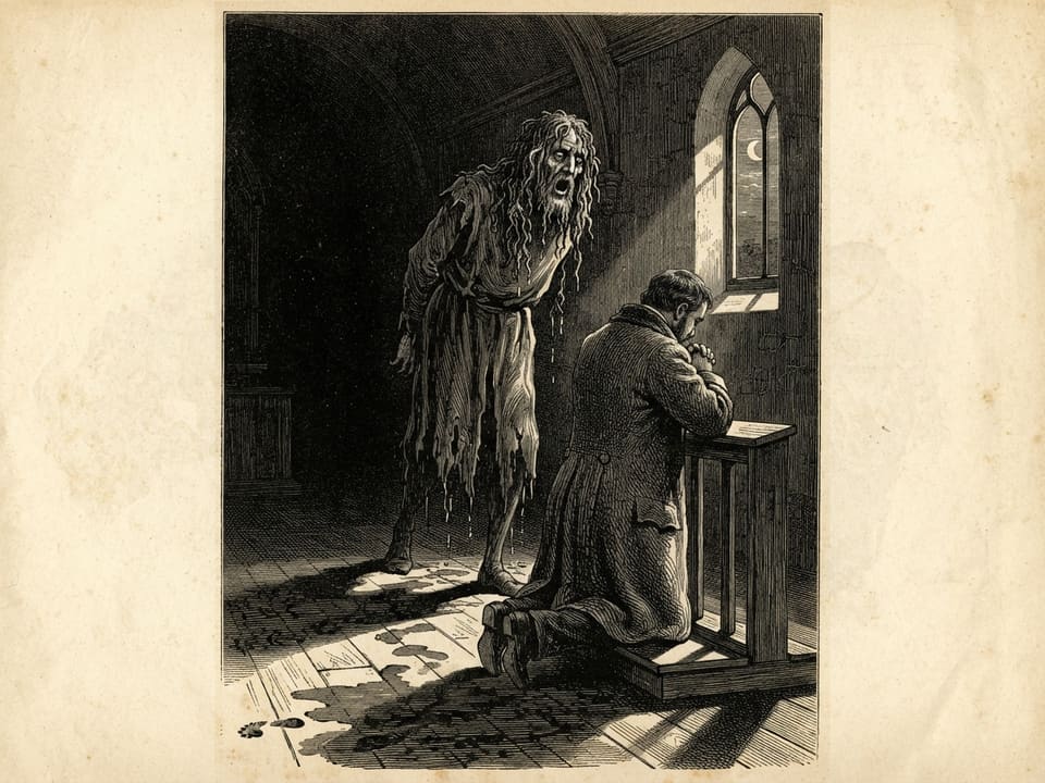 The empty chapel at night under a thin new moon showing through a lancet window. A kneeling man in a heavy coat faces the altar, his head bowed. Behind him, in the dark of the nave, the tall weed-hung figure leans close over his shoulder, its mouth agape and its shadow reaching across the floor.