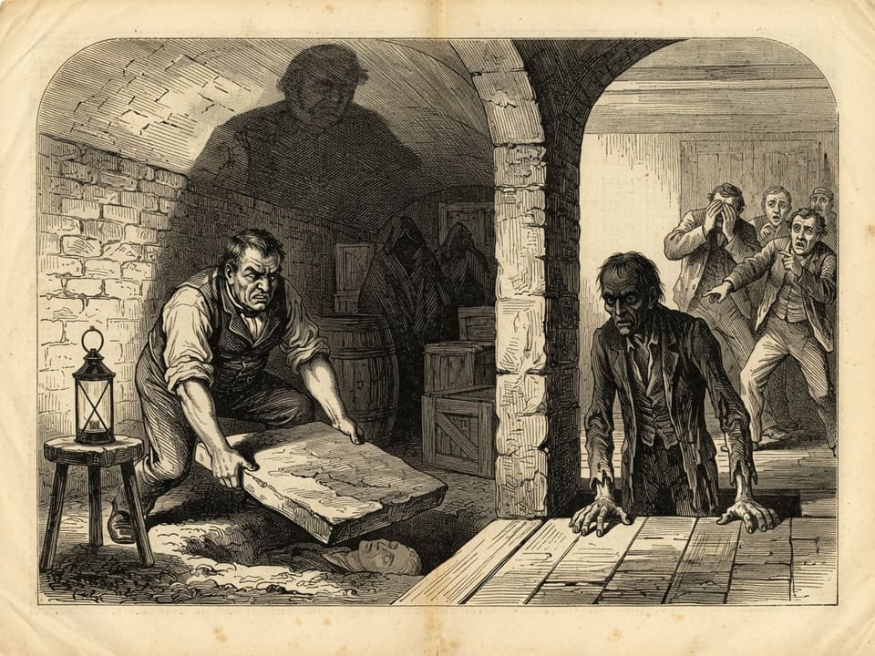 A cellar by lantern-light. A broad-shouldered publican bends over a pit at the foot of an ancient brick wall, setting a heavy flagstone over a pale, still face. Shadows of the barrels loom like watching men, and the lantern throws his own shadow huge across the vaulted ceiling.