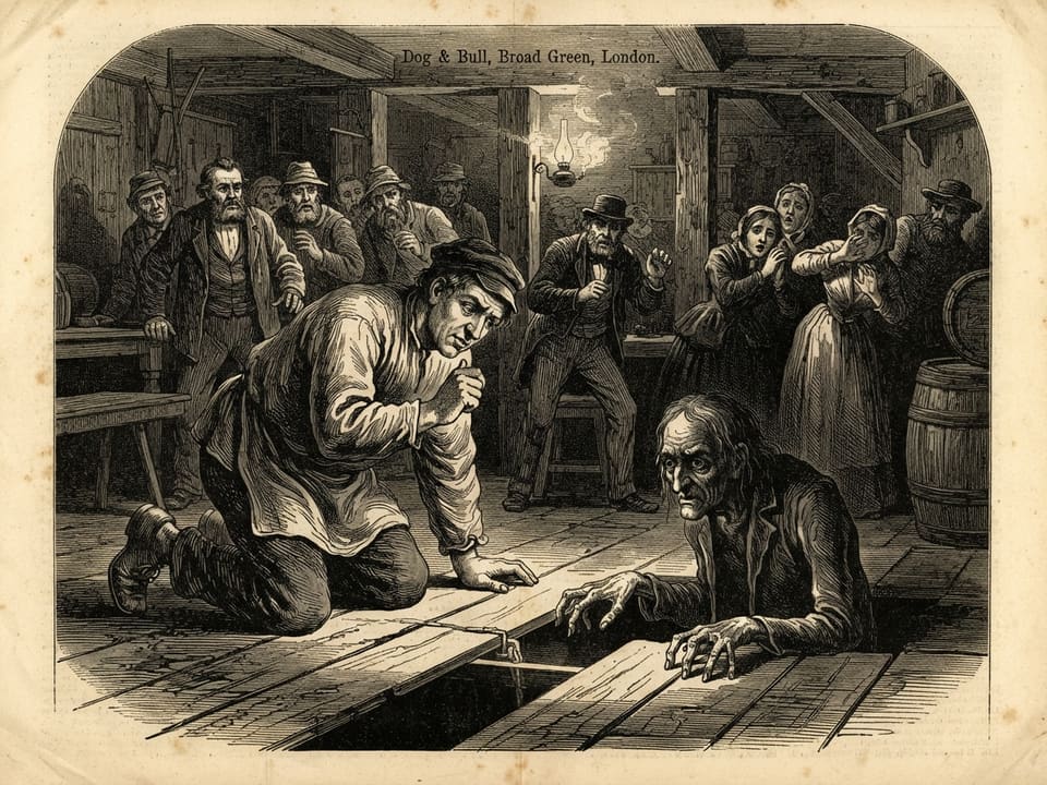 A smoke-filled tap-room late at night. A drunken carter kneels with his ear against the boards, one knuckle raised to knock, while the other patrons stand frozen behind him. Between the floorboards, a thin line of pallid light seeps up and a pair of crooked fingers is faintly visible in the crack.