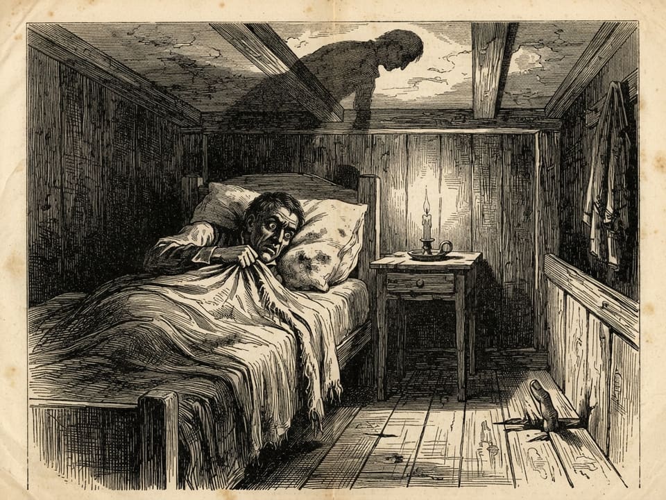 A narrow lodging-house bedroom with a candle guttering on a table. A man lies rigid in bed with his eyes wide, staring at the pillow beside his face, where a grey, nail-less fingertip has pushed up through the splintered grain of the floor and wall. The shadow of a stooped, half-risen figure falls across the ceiling.