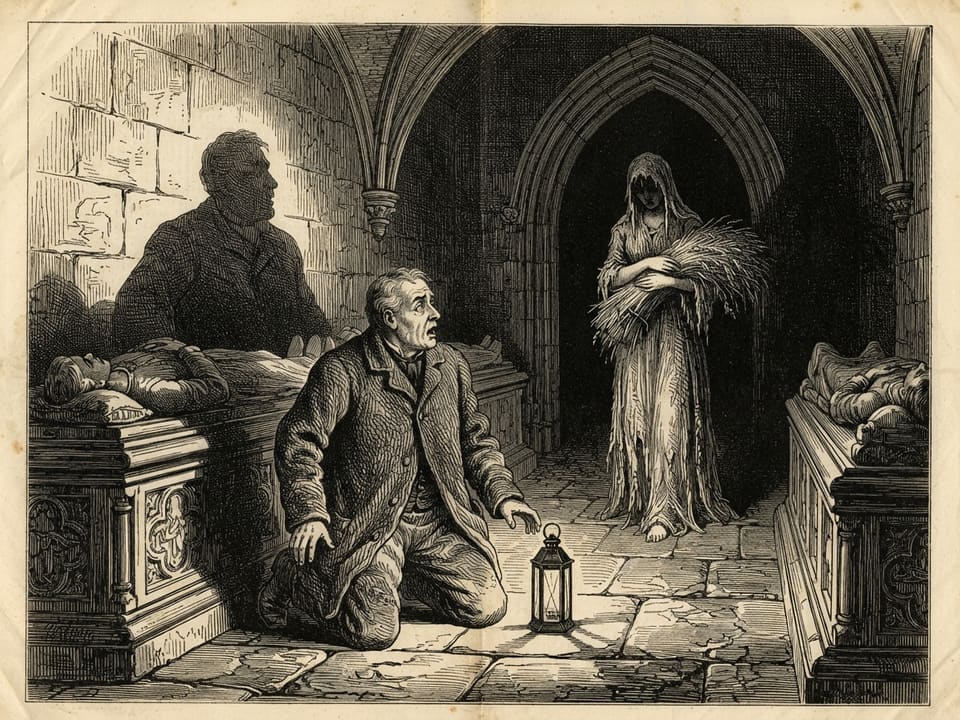 A man in a sexton's coat kneels upon the flagstones of a vaulted chancel between two carved tombs, a single lantern at his knee throwing his shadow long up the wall. Behind him, in the dark of the arch, a tall pale shape stands with its head bowed over a bundle of corn.