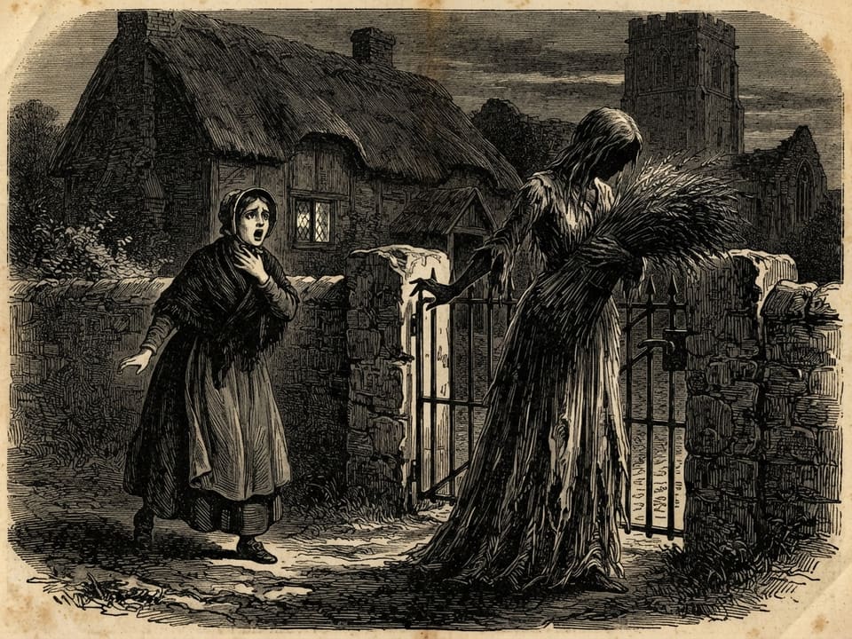 A garden gate at dusk, a thatched cottage behind it with one lit window. A young woman in a shawl walks toward a tall figure in a long pale gown who holds a sheaf of wheat against her breast; the figure's face is turned away and the gate-latch is half raised.
