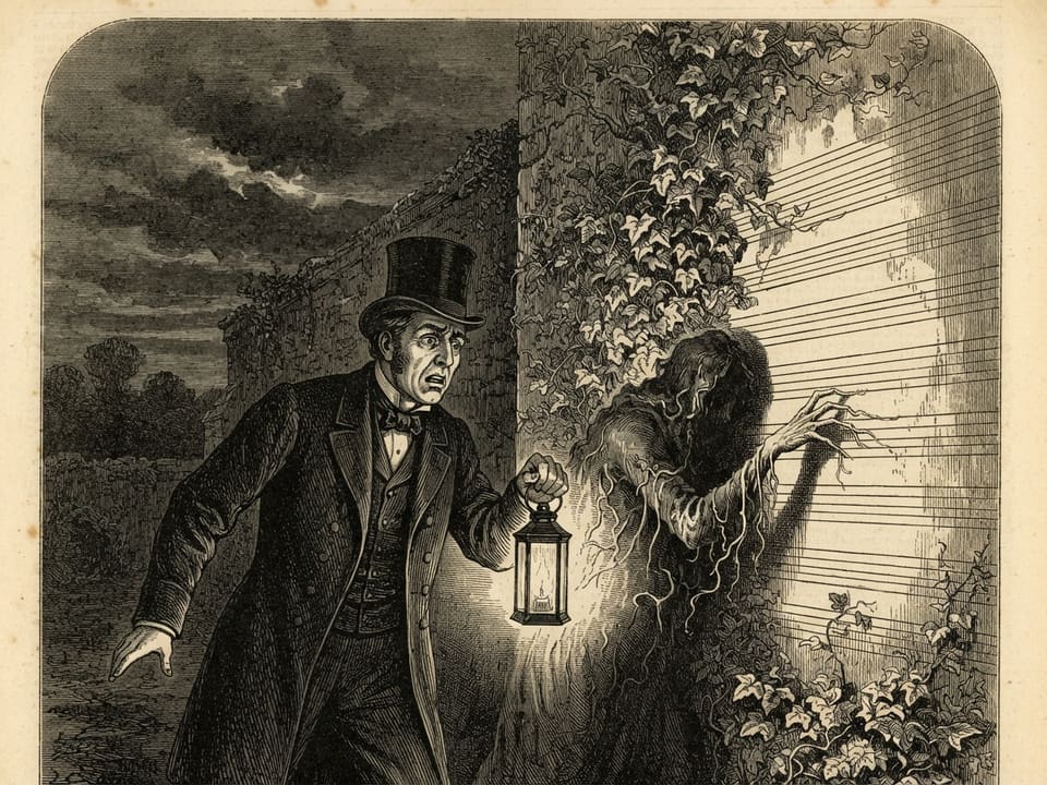 A frock-coated doctor stands with a lantern before a tall wall smothered in ivy, whose leaves have grown into straight ruled lines like the page of a ledger. At the margin, a stooped shape of damp and tendrils leans, its arm outstretched as if to write. The lantern light is thin and the sky is a dark wash of cloud.