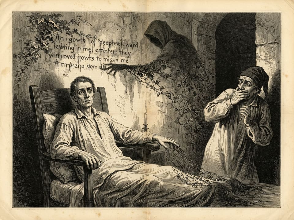 At the foot of the wall, a bed-ridden man sits upright in a chair with open eyes, his fingertips trailing fine green threads. Above him the ivy forms rows of lettering, and a dim hooded shape bends over them. A second man in a nightcap shrinks back with a hand over his mouth.