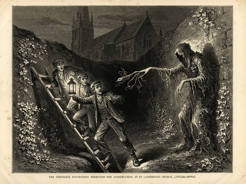 A deep foundation trench by night with workmen retreating up a ladder, their lanterns swinging. The trench walls are furred with pale ivy in neat lines, and from the dark end a long stooped figure of leaves extends one slender arm toward them.