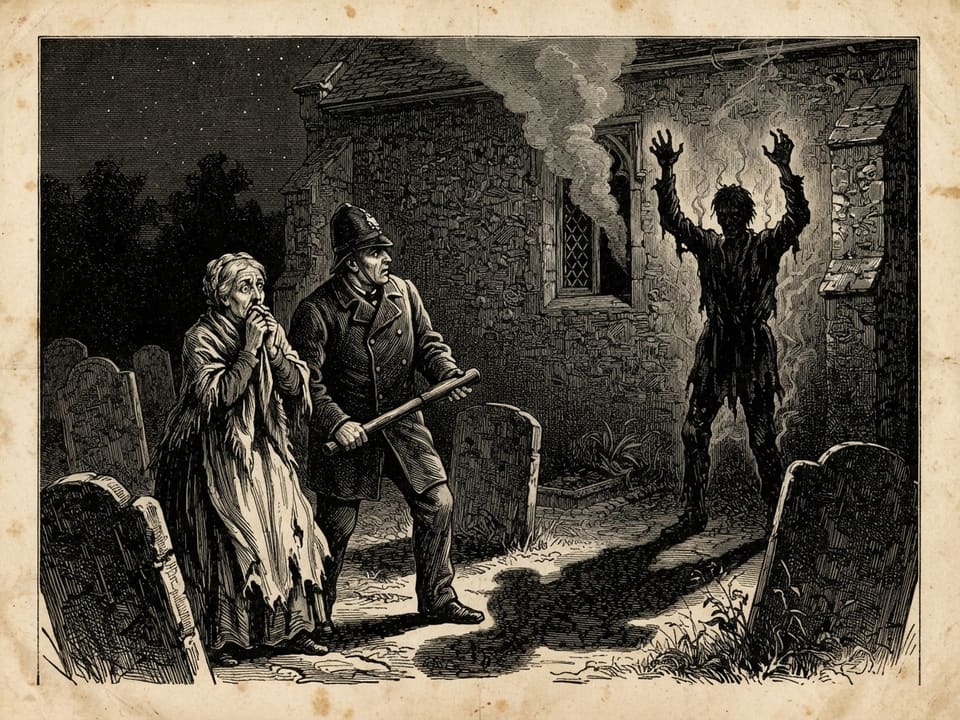 A blacked-out village night, with a woman in a shawl and a man in a warden's helmet staring at a small vestry window from which a pillar of grey smoke climbs against the stars. The flint church tower looms behind them, and their shadows are thrown long across the gravestones, though no light is visible.