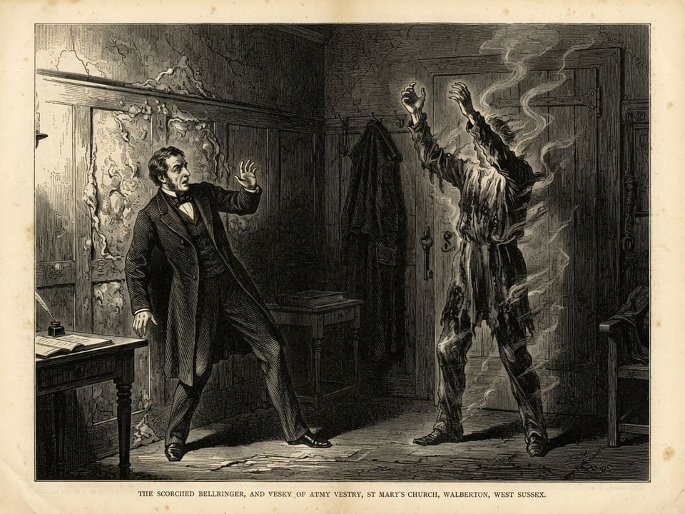 Inside the vestry, a doctor in a long coat recoils against a wall, his hand raised, while the plaster and panelling behind him bubble and curl. Near the tower door stands a tall wavering figure in a ringer's smock, its outline smeared by heat, its raised hands closing on empty air.