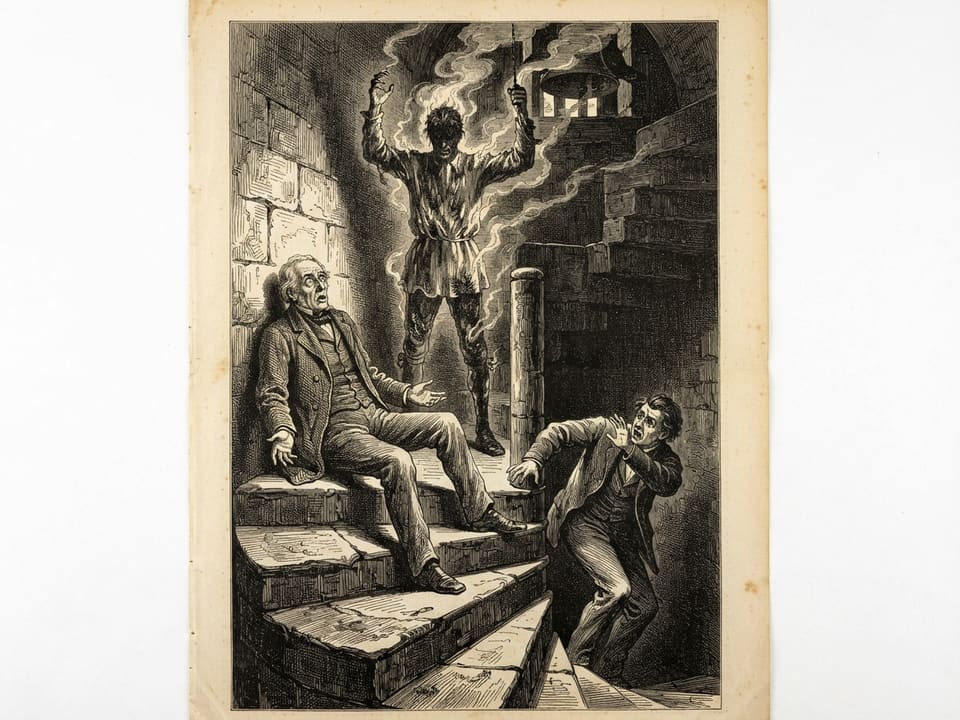 At the head of a narrow stone tower stair, an old man sits slumped with his eyes wide open and his palms turned upward. Behind him a vast dark figure with raised hands stands in a dull red glow, while a second man below on the stair shields his face and looks up.